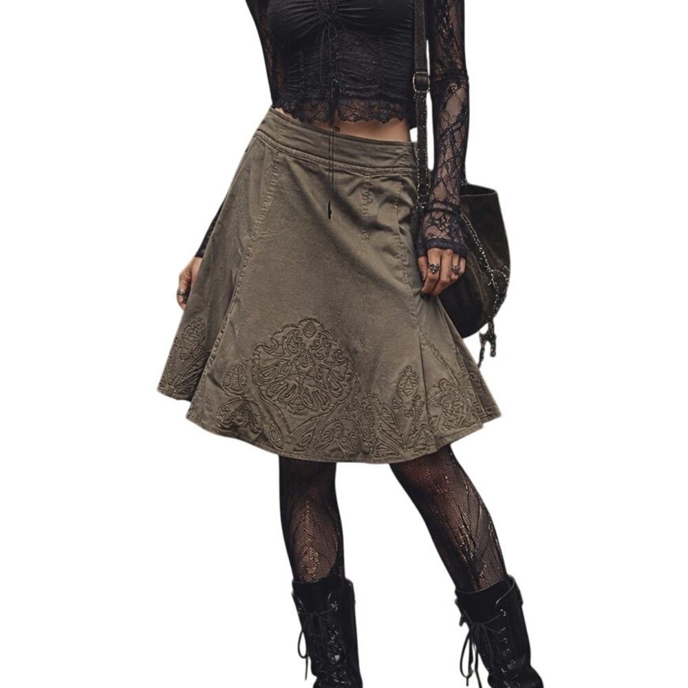 Coldwater Creek Olive Green Embroider Flare Pleated Skirt 10/12 Whimsigoth Boho